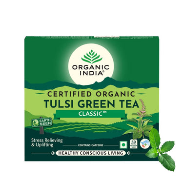 A TATA Product - Organic India Tulsi Green Tea Classic - 50 Tea Bags, Stress Relieving, Uplifts Mood, Rich in Antioxidants, Blend of Rama, Krishna & Vana Tulsi, Certified Organic